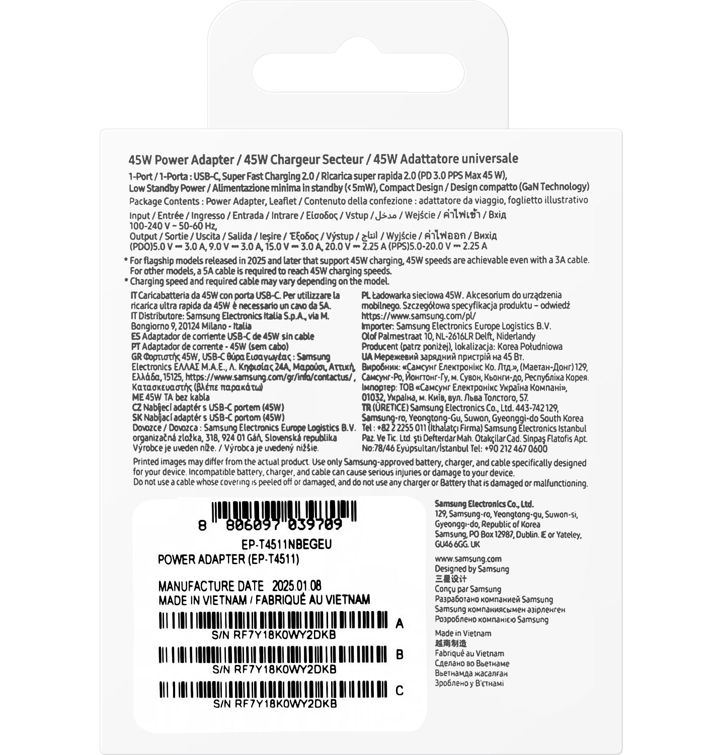 Chargeur Réseau Samsung, 45W, 4.05A, 1 x USB-C, Noir EP-T4511NBEGEU