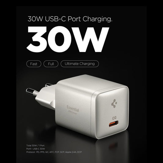 Chargeur Secteur Spigen EE301EU Essential, 30W, 3A, 1 x USB-C, Gris Titan ACH10448