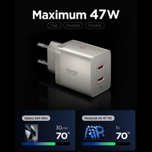 Chargeur secteur Spigen EE472EU Essential, 47W, 3A, 2 x USB-C, Gris Titan ACH10451