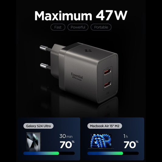 Chargeur secteur Spigen EE472EU Essential, 47W, 3A, 2 x USB-C, Gris ACH10450