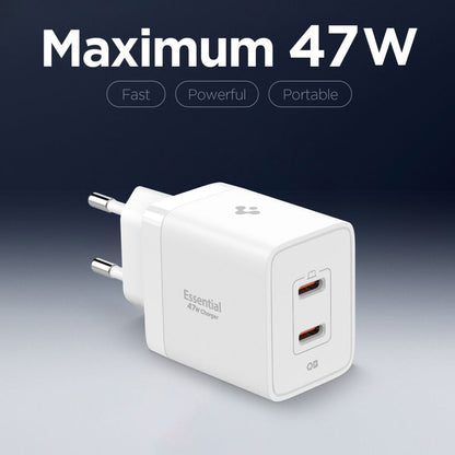 Chargeur Réseau Spigen Essential, 47W, 3A, 2 x USB-C, Blanc