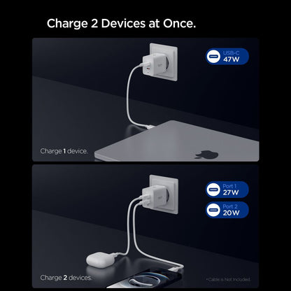 Chargeur Réseau Spigen Essential, 47W, 3A, 2 x USB-C, Blanc