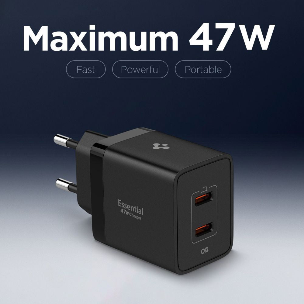 Chargeur Réseau Spigen Essential, 47W, 3A, 2 x USB-C, Noir