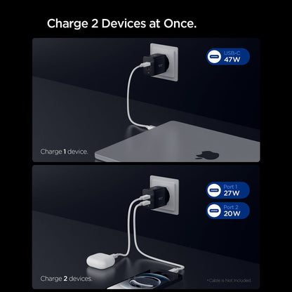 Chargeur Réseau Spigen Essential, 47W, 3A, 2 x USB-C, Noir
