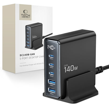 Tech-Protect DC140W Chargeur réseau DC140W, 140W, 3A, 2 x USB-A - 3 x USB-C, Noir 