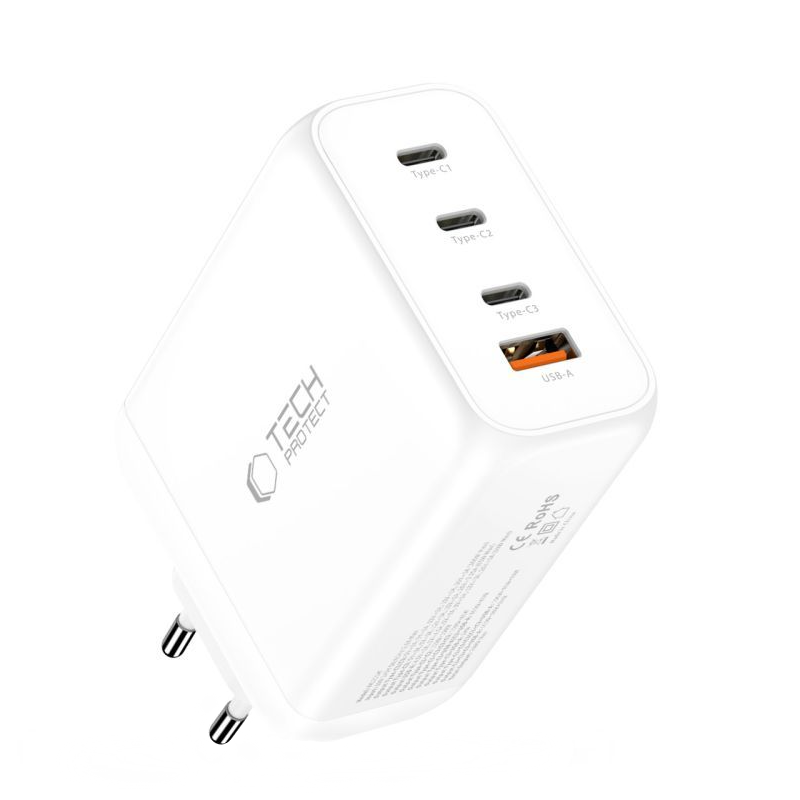 Chargeur Réseau Tech-Protect NC200W-GAN, 200W, 5A, 1 x USB-A - 3 x USB-C, Blanc