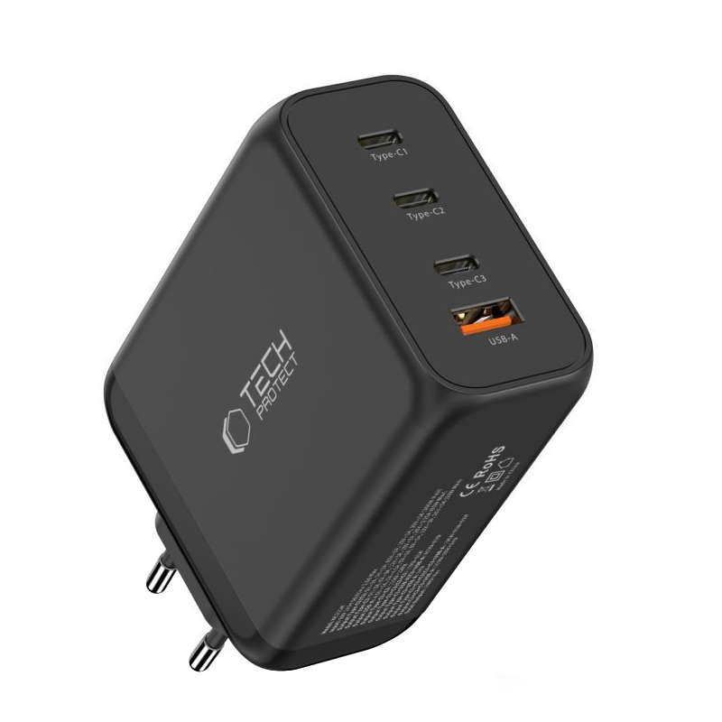 Chargeur Réseau Tech-Protect NC200W-GAN, 200W, 5A, 1 x USB-A - 3 x USB-C, Noir