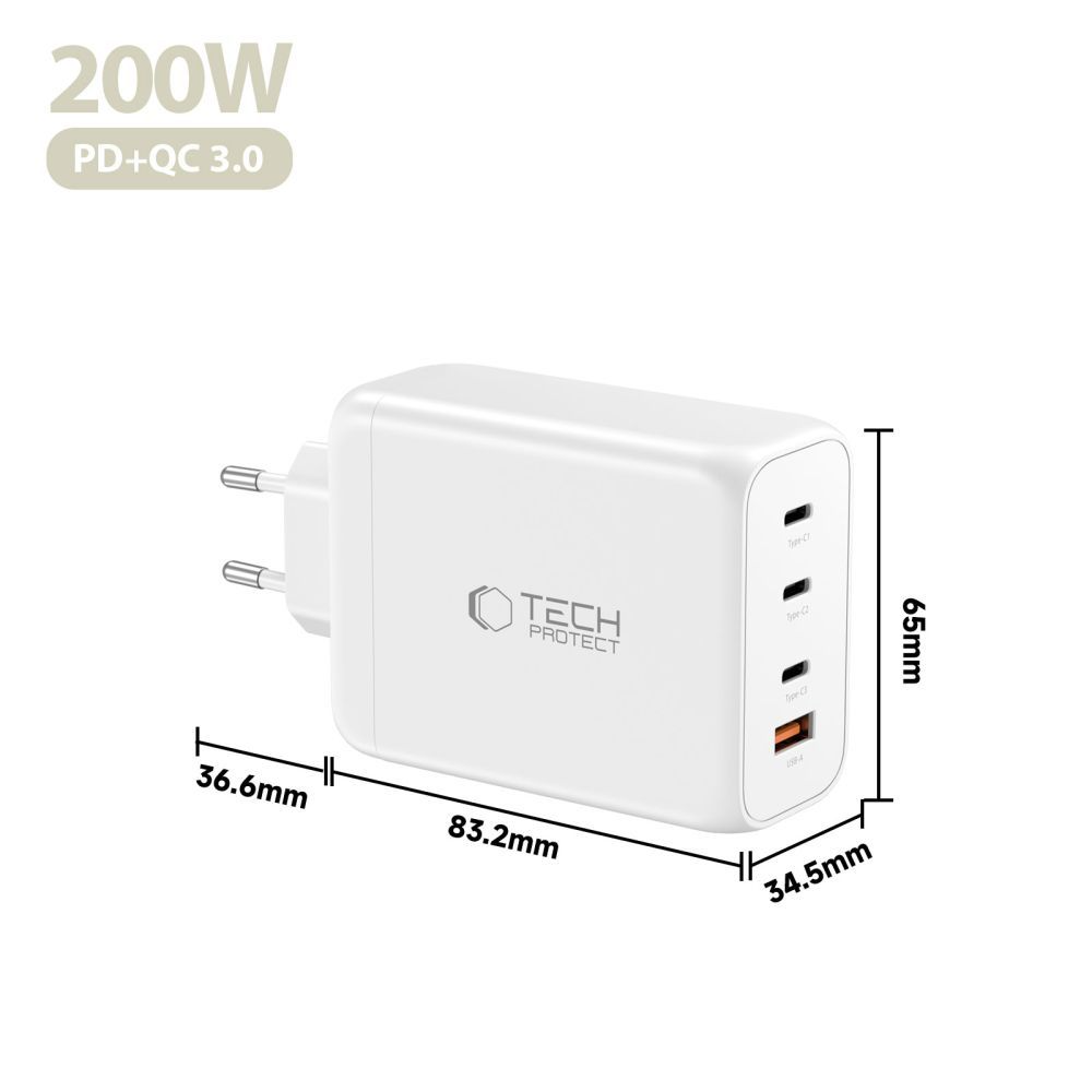 Chargeur Réseau Tech-Protect NC200W-GAN, 200W, 5A, 1 x USB-A - 3 x USB-C, Blanc