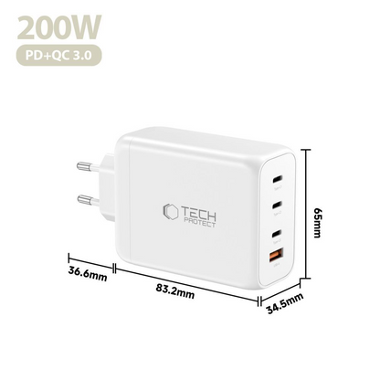 Chargeur Réseau Tech-Protect NC200W-GAN, 200W, 5A, 1 x USB-A - 3 x USB-C, Blanc