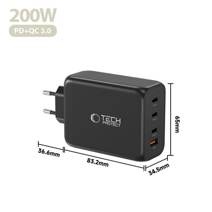 Chargeur Réseau Tech-Protect NC200W-GAN, 200W, 5A, 1 x USB-A - 3 x USB-C, Noir