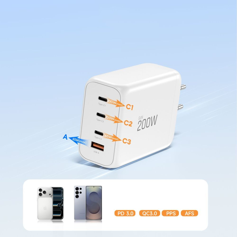 Chargeur Réseau Tech-Protect NC200W-GAN, 200W, 5A, 1 x USB-A - 3 x USB-C, Blanc
