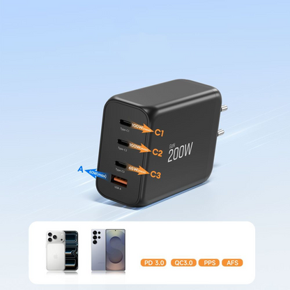 Chargeur Réseau Tech-Protect NC200W-GAN, 200W, 5A, 1 x USB-A - 3 x USB-C, Noir