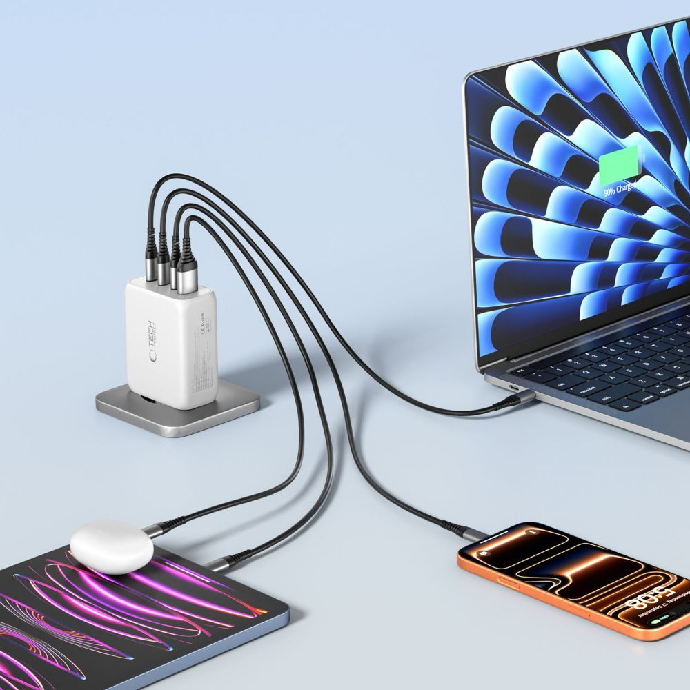 Chargeur Réseau Tech-Protect NC200W-GAN, 200W, 5A, 1 x USB-A - 3 x USB-C, Blanc