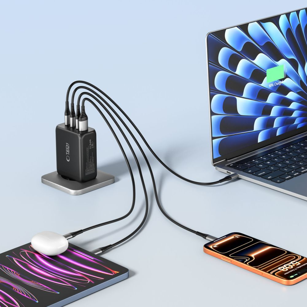 Chargeur Réseau Tech-Protect NC200W-GAN, 200W, 5A, 1 x USB-A - 3 x USB-C, Noir