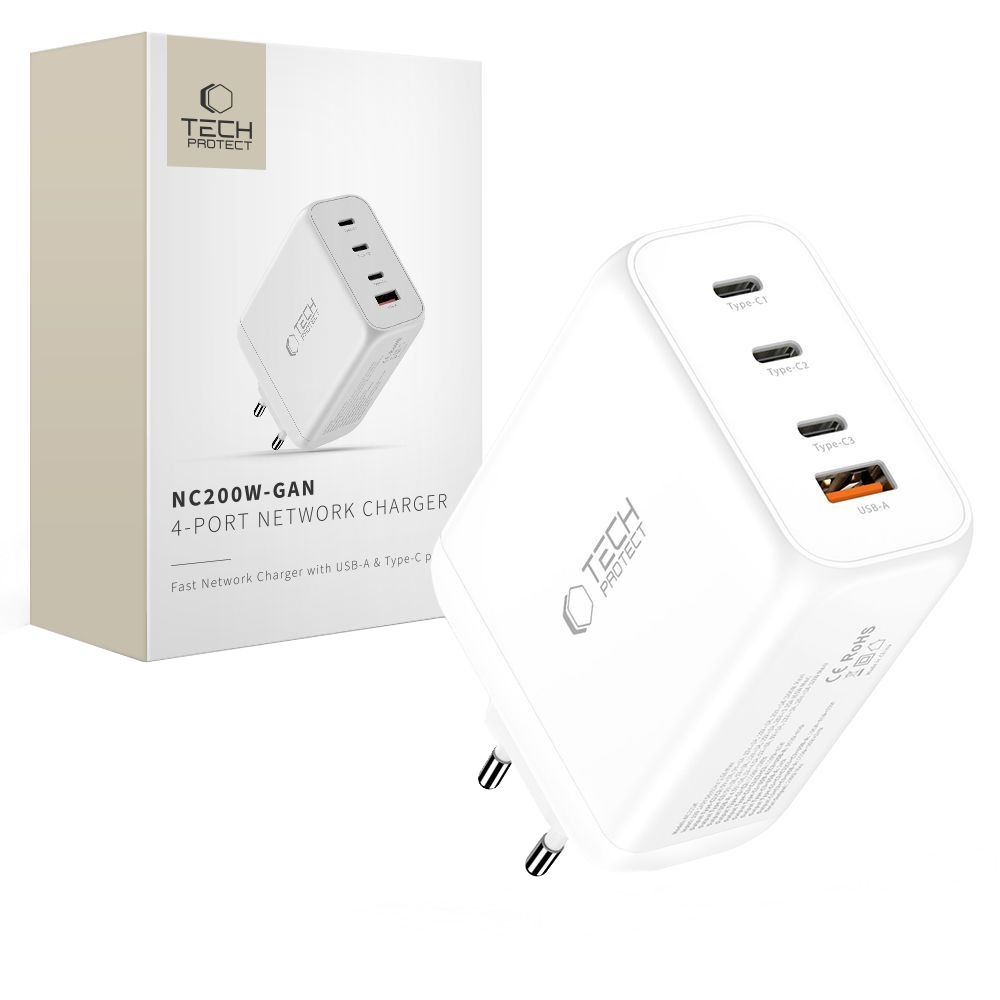 Chargeur Réseau Tech-Protect NC200W-GAN, 200W, 5A, 1 x USB-A - 3 x USB-C, Blanc