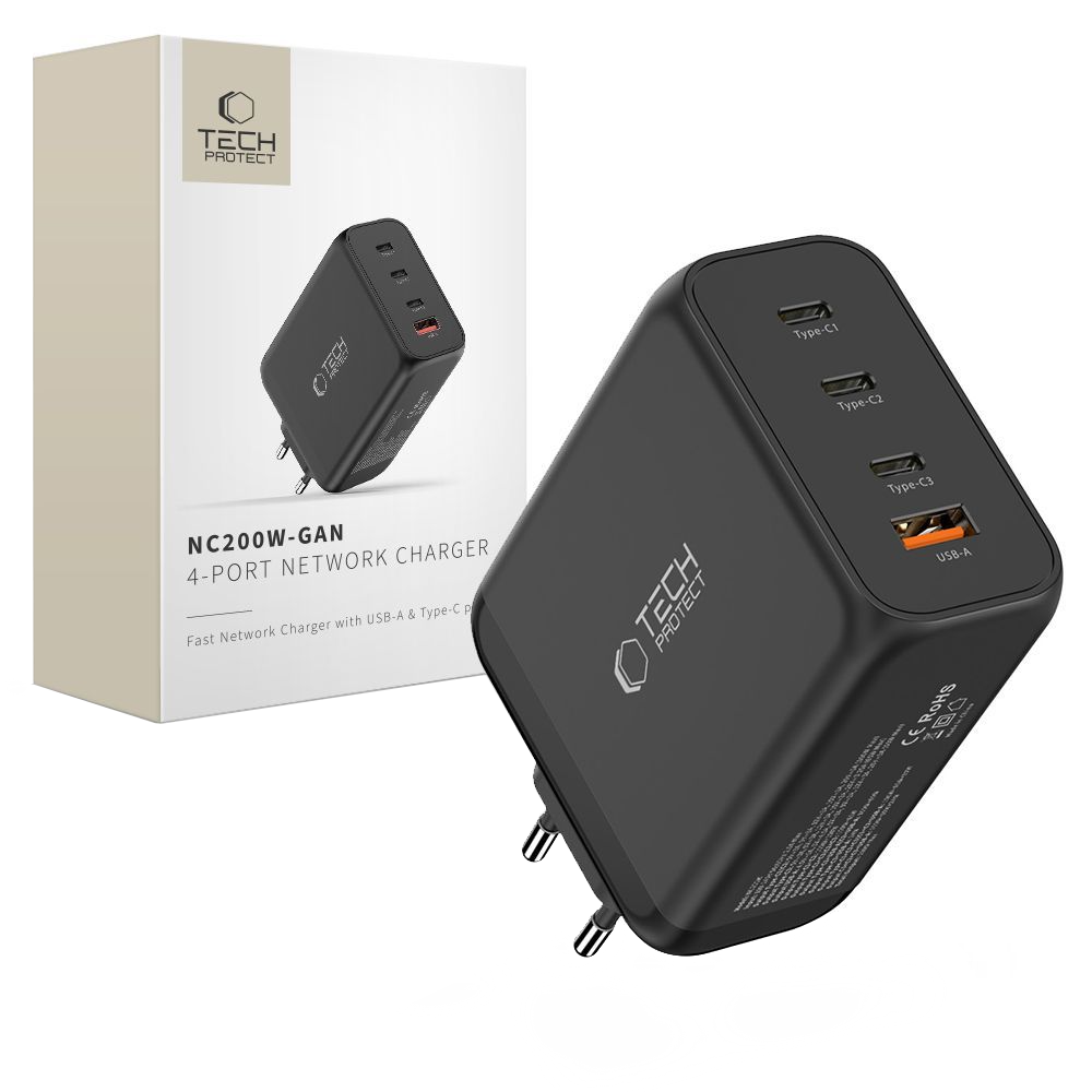 Chargeur Réseau Tech-Protect NC200W-GAN, 200W, 5A, 1 x USB-A - 3 x USB-C, Noir