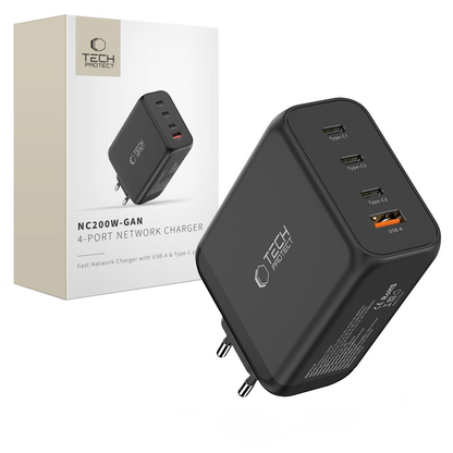 Chargeur Réseau Tech-Protect NC200W-GAN, 200W, 5A, 1 x USB-A - 3 x USB-C, Noir