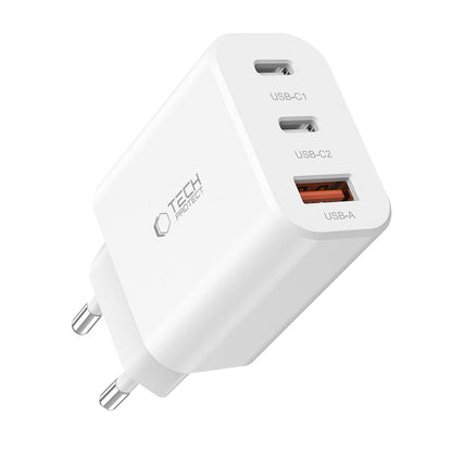 Chargeur réseau Tech-Protect NC30W, 30W, 3A, 1 x USB-A - 2 x USB-C, blanc 