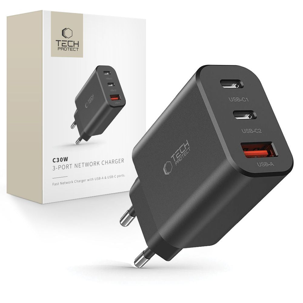 Chargeur réseau Tech-Protect NC30W, 30W, 3A, 1 x USB-A - 2 x USB-C, Noir 