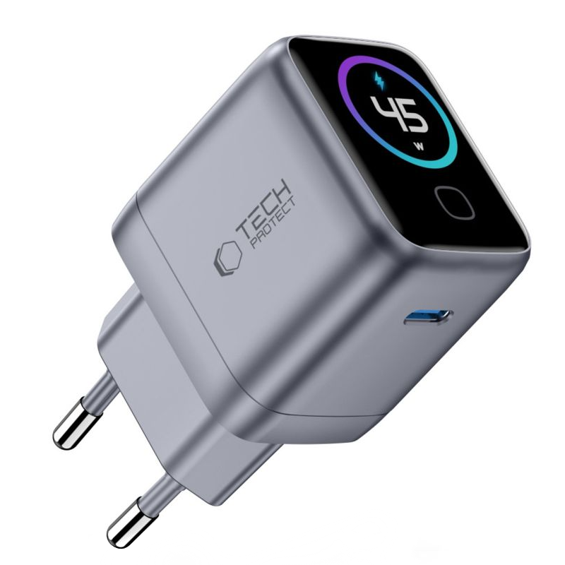 Chargeur Secteur Tech-Protect NC45W Display, 45W, 3A, 1 x USB-C, Gris