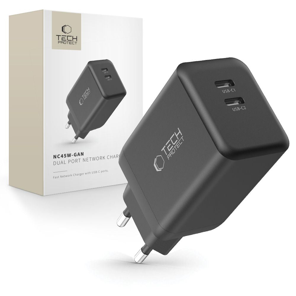 Chargeur réseau Tech-Protect NC45W, 45W, 3A, 2 x USB-C, noir 