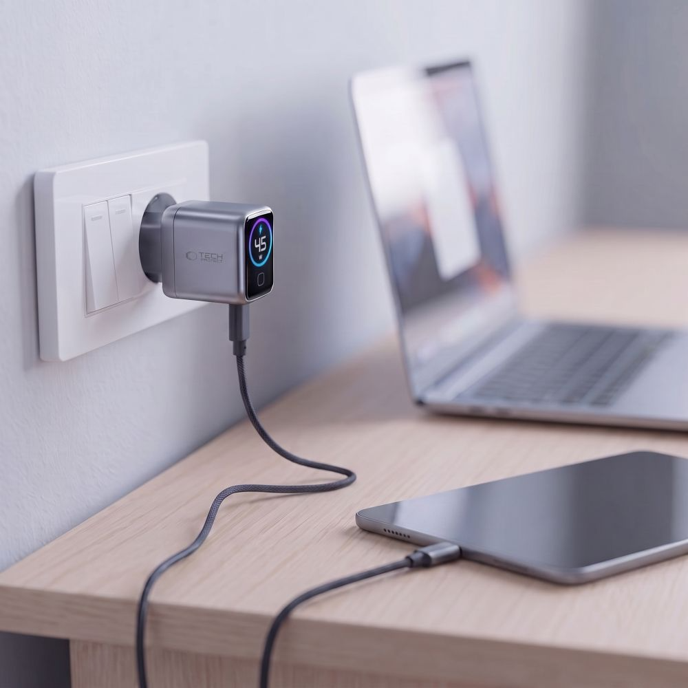 Chargeur Secteur Tech-Protect NC45W Display, 45W, 3A, 1 x USB-C, Gris