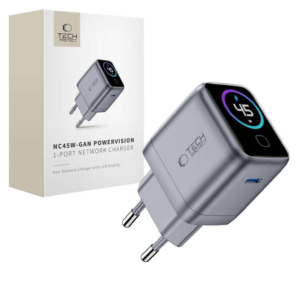 Chargeur Secteur Tech-Protect NC45W Display, 45W, 3A, 1 x USB-C, Gris