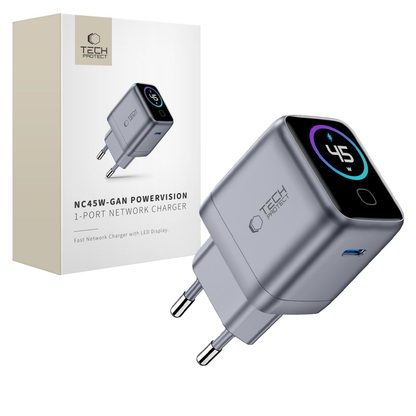 Chargeur Secteur Tech-Protect NC45W Display, 45W, 3A, 1 x USB-C, Gris