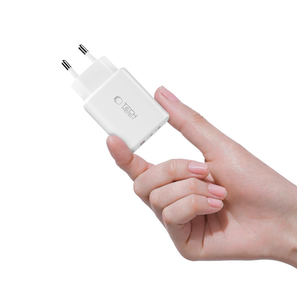 Chargeur Réseau Tech-Protect NCA65W, 65W, 3A, 1 x USB-A - 2 x USB-C, Blanc