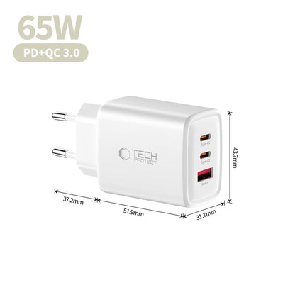 Chargeur Réseau Tech-Protect NCA65W, 65W, 3A, 1 x USB-A - 2 x USB-C, Blanc