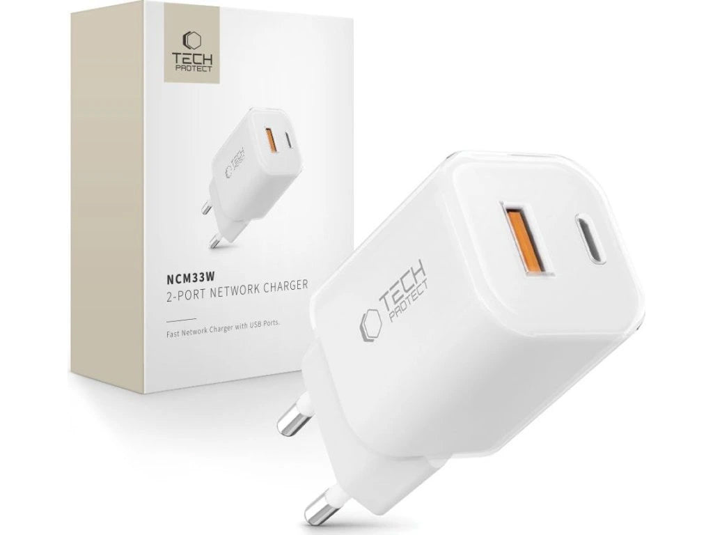 Chargeur Réseau Tech-Protect NCM33W, 33W, 3A, 1 x USB-A - 1 x USB-C, Blanc
