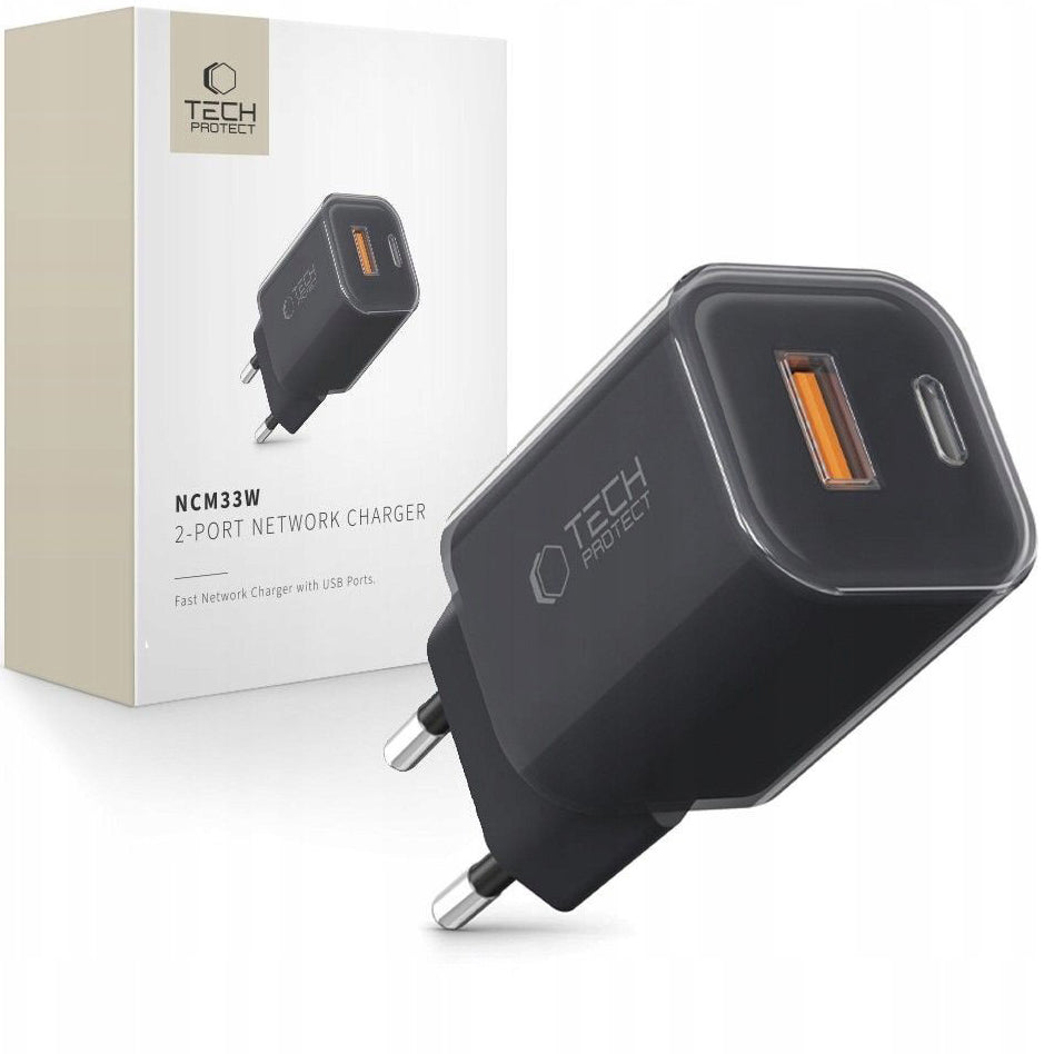 Chargeur Réseau Tech-Protect NCM33W, 33W, 3A, 1 x USB-A - 1 x USB-C, Noir
