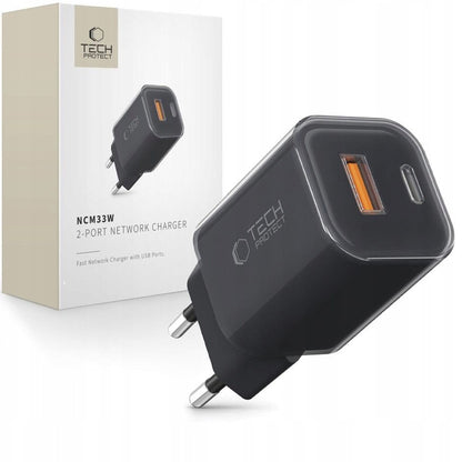 Chargeur Réseau Tech-Protect NCM33W, 33W, 3A, 1 x USB-A - 1 x USB-C, Noir