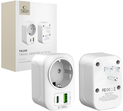 Chargeur Réseau Tech-Protect TA100 Travel US, 20W, 3A, 1 x Schuko - 1 x USB-A - 1 x USB-C, Blanc