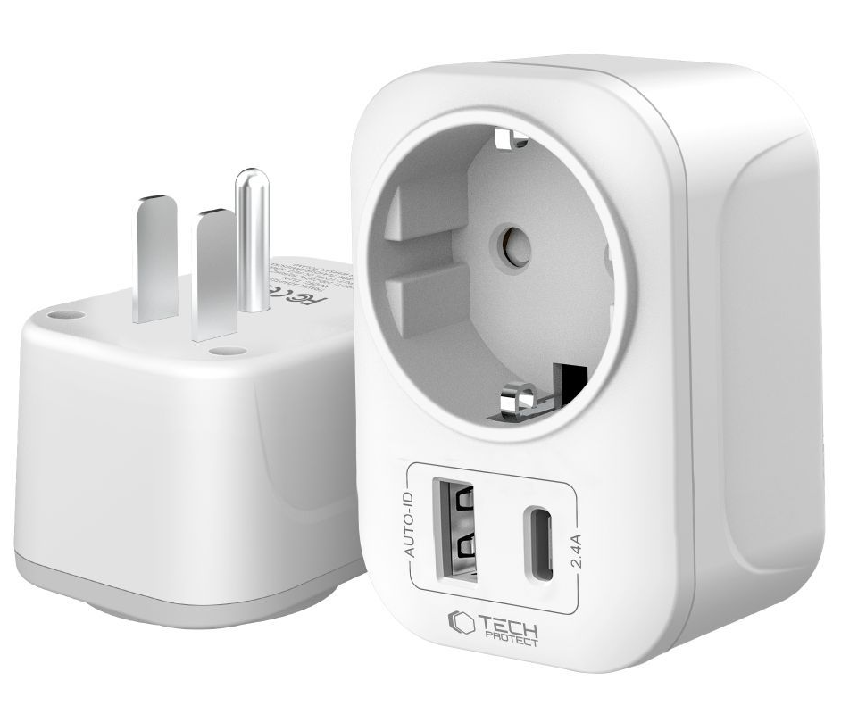 Chargeur Réseau Tech-Protect TA100 Travel US, 20W, 3A, 1 x Schuko - 1 x USB-A - 1 x USB-C, Blanc