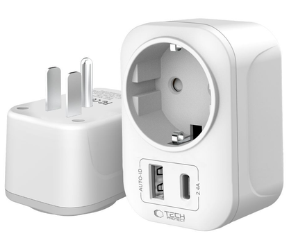 Chargeur Réseau Tech-Protect TA100 Travel US, 20W, 3A, 1 x Schuko - 1 x USB-A - 1 x USB-C, Blanc