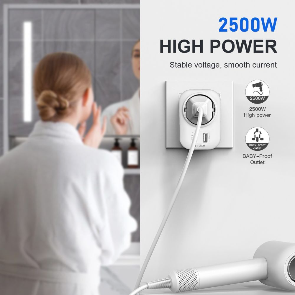 Chargeur Réseau Tech-Protect TA100 Travel US, 20W, 3A, 1 x Schuko - 1 x USB-A - 1 x USB-C, Blanc