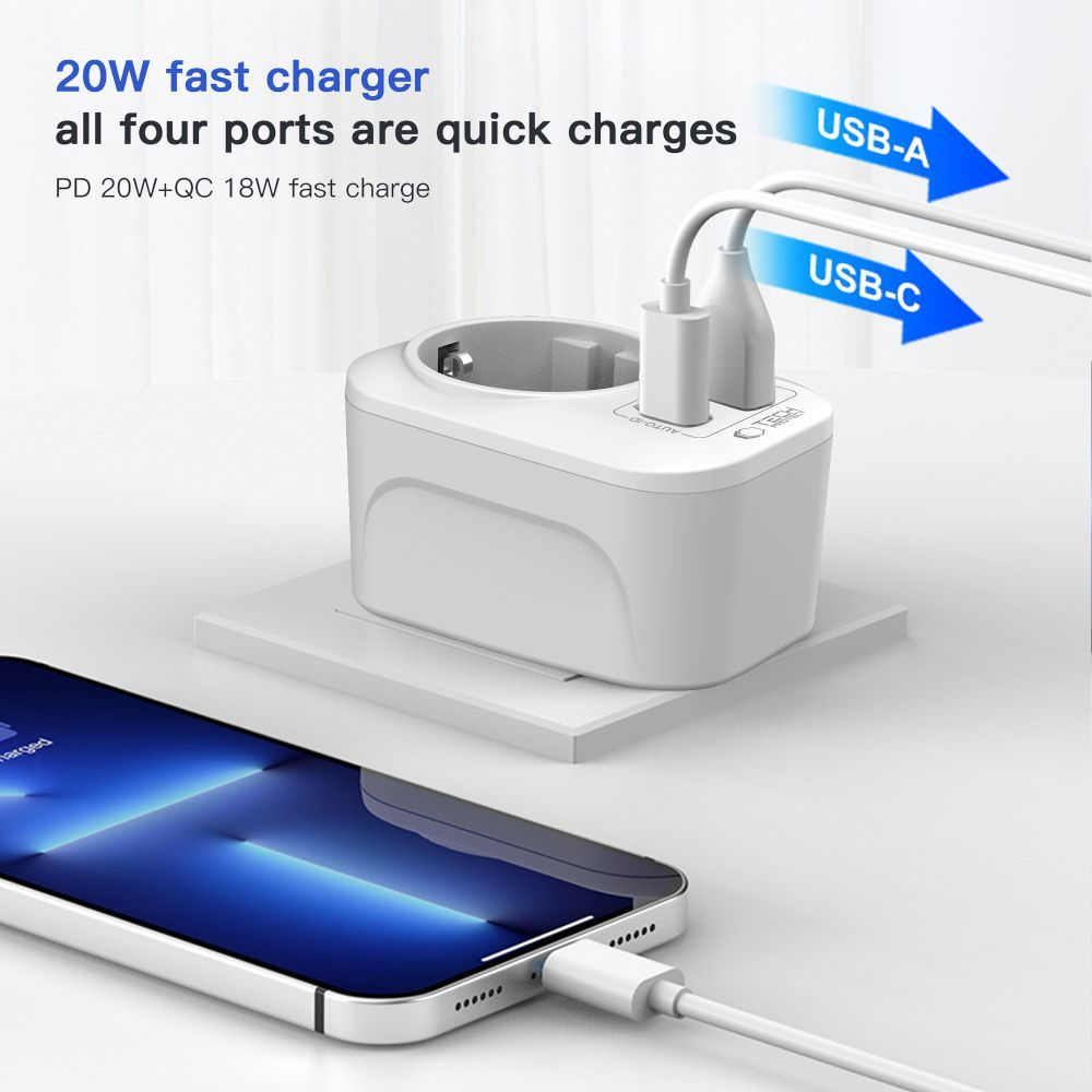 Chargeur Réseau Tech-Protect TA100 Travel US, 20W, 3A, 1 x Schuko - 1 x USB-A - 1 x USB-C, Blanc