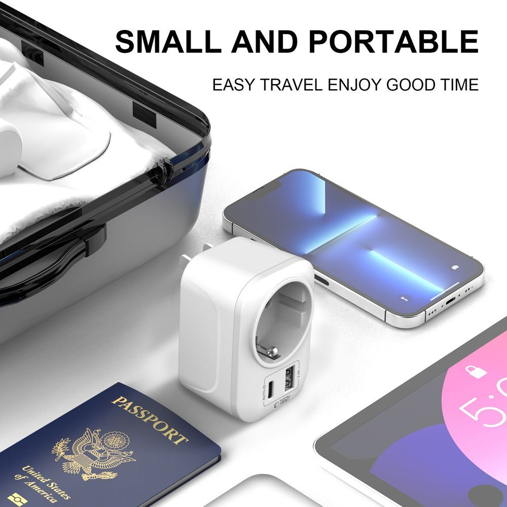 Chargeur Réseau Tech-Protect TA100 Travel US, 20W, 3A, 1 x Schuko - 1 x USB-A - 1 x USB-C, Blanc