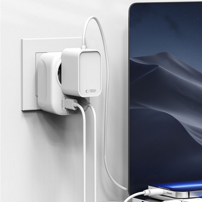 Chargeur Réseau Tech-Protect TA100 Travel US, 20W, 3A, 1 x Schuko - 1 x USB-A - 1 x USB-C, Blanc