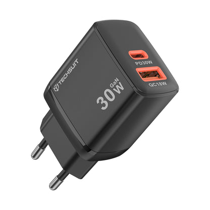 Chargeur Réseau Techsuit CH1 Duonix, 30W, 3A, 1 x USB-A - 1 x USB-C, Noir