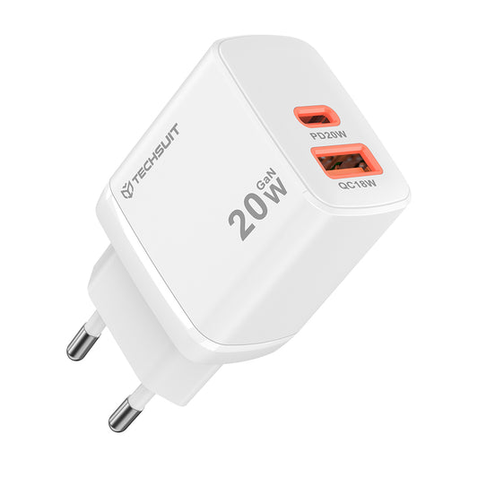 Chargeur Réseau Techsuit CH2 Duonix, 20W, 3A, 1 x USB-A - 1 x USB-C, Blanc
