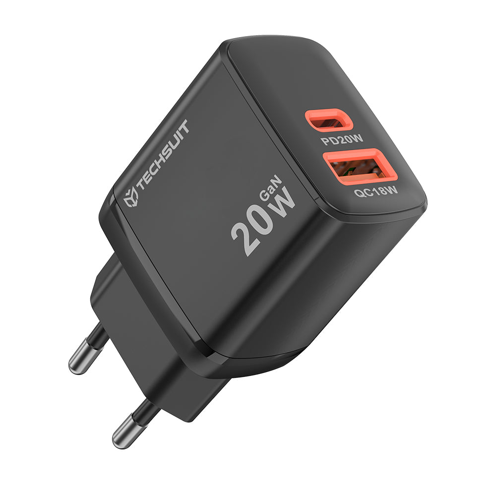 Chargeur Réseau Techsuit CH2 Duonix, 20W, 3A, 1 x USB-A - 1 x USB-C, Noir