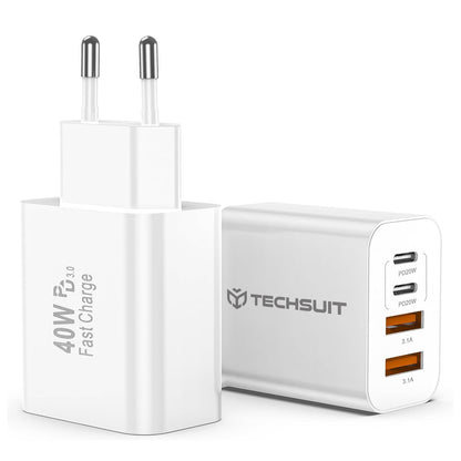 Chargeur Réseau Techsuit PowerXQuad CH4, 40W, 3A, 2 x USB-A - 2 x USB-C, Blanc
