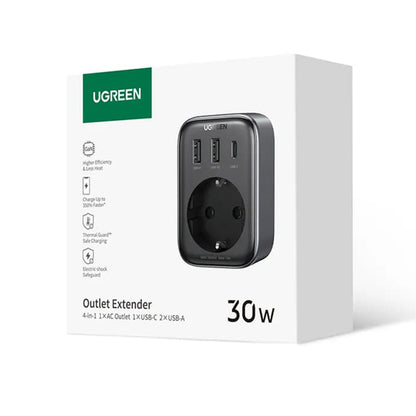 Chargeur Réseau UGREEN 15289 US, 30W, 3A, 2 x USB-A - 1 x USB-C - 1 x Schuko, Noir