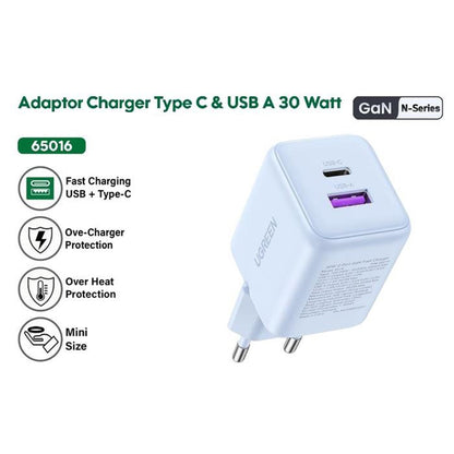 Chargeur Réseau UGREEN X516, 30W, 3A, 1 x USB-A - 1 x USB-C, Blanc