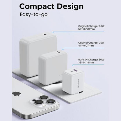 Chargeur Réseau UGREEN X516, 30W, 3A, 1 x USB-A - 1 x USB-C, Blanc