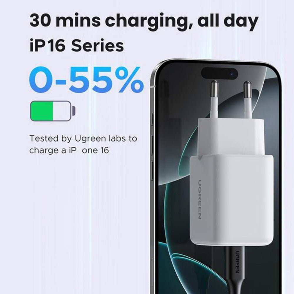 Chargeur Réseau UGREEN X516, 30W, 3A, 1 x USB-A - 1 x USB-C, Bleu