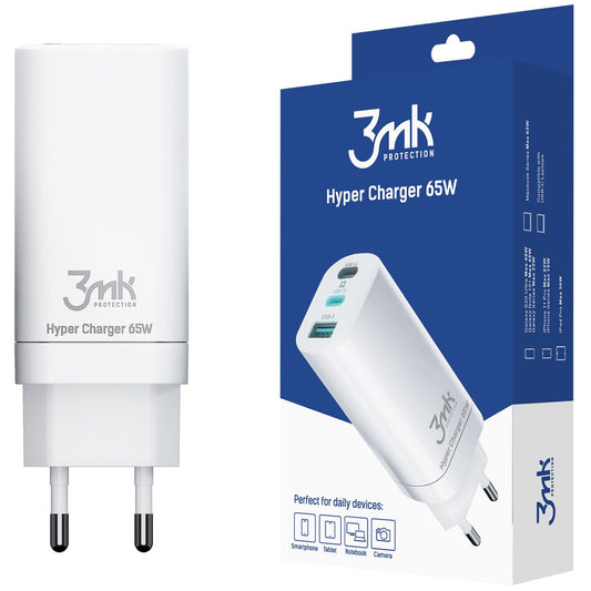 Chargeur secteur 3MK HyperCharger, 65W, 5A, 1 x USB-A - 2 x USB-C, Blanc
