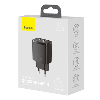 Baseus Chargeur réseau compact, 20W, 3A, 1 x USB-A - 1 x USB-C, Noir CCXJ-B01